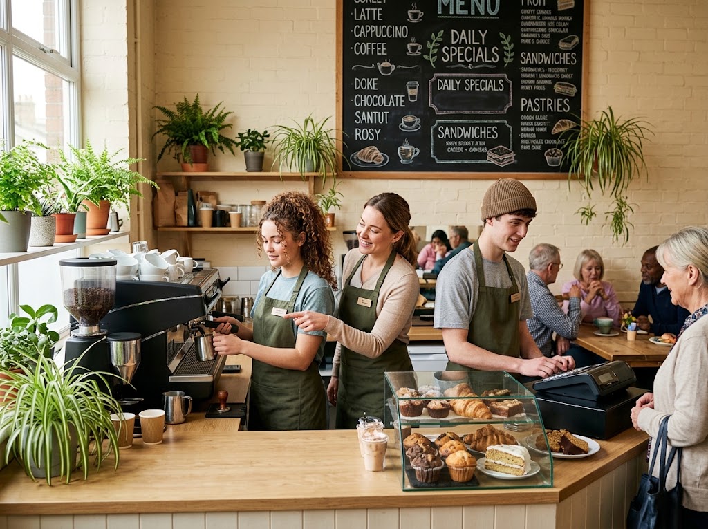 Trainee staff in aprons serving customers in a bright community café.