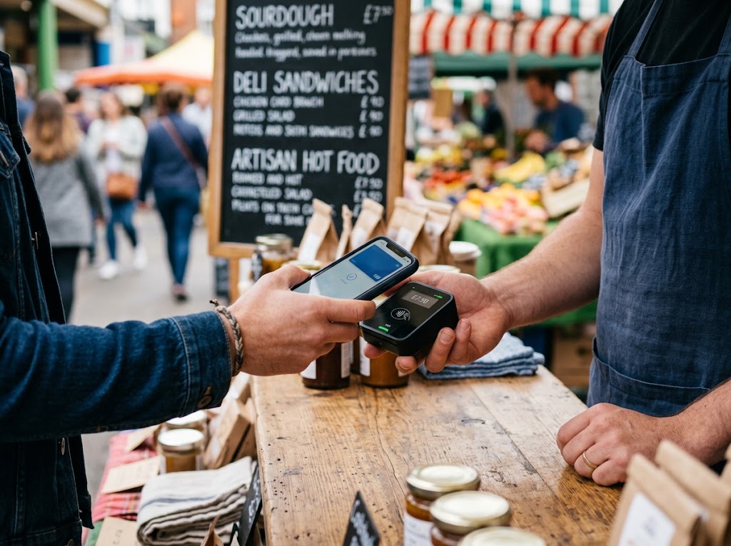 A customer tapping a phone on a small portable card reader at a market stall.