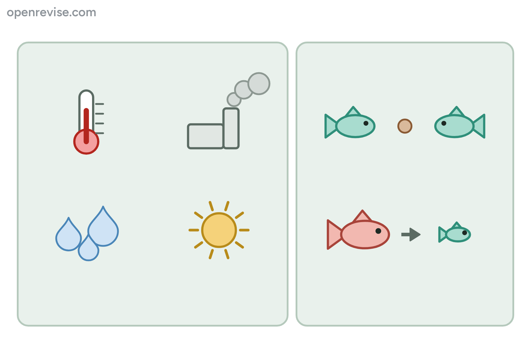 Two panels of unlabelled icons for abiotic and biotic factors.