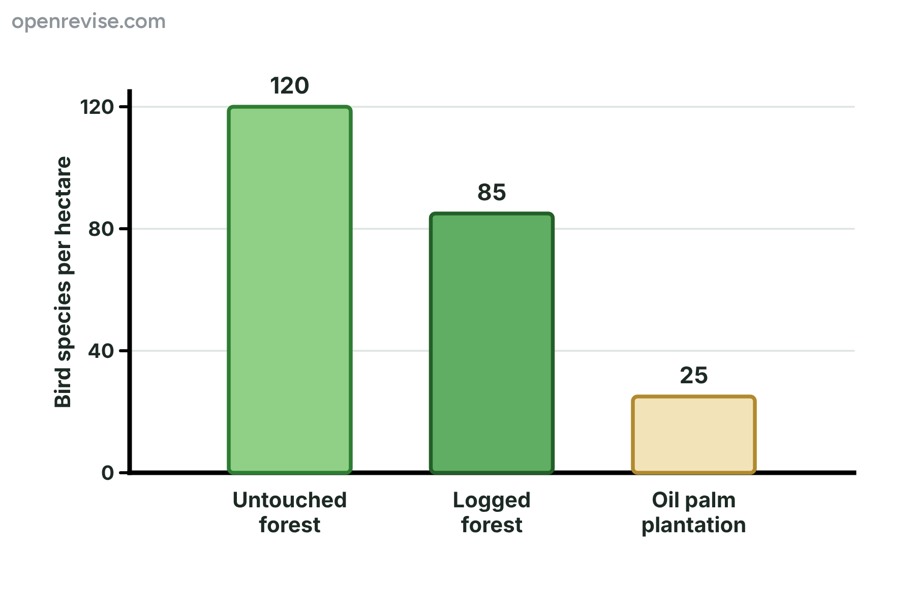 A bar chart showing the number of bird species in a hectare of untouched forest, logged forest and an oil palm plantation, falling from 120 to 85 to 25.