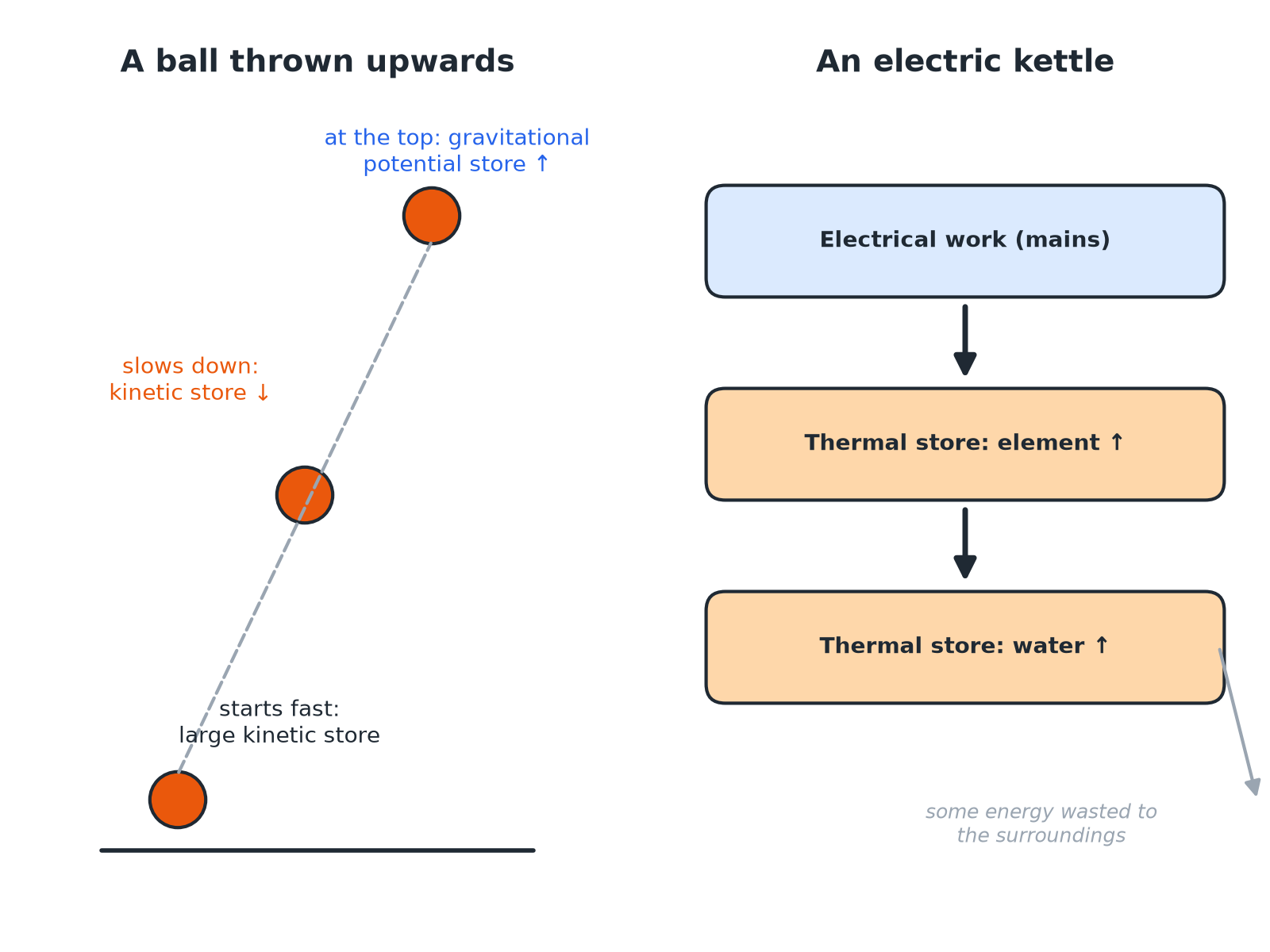 A ball thrown up changing kinetic energy into gravitational potential energy, and a kettle transferring electrical energy to the thermal store of water.
