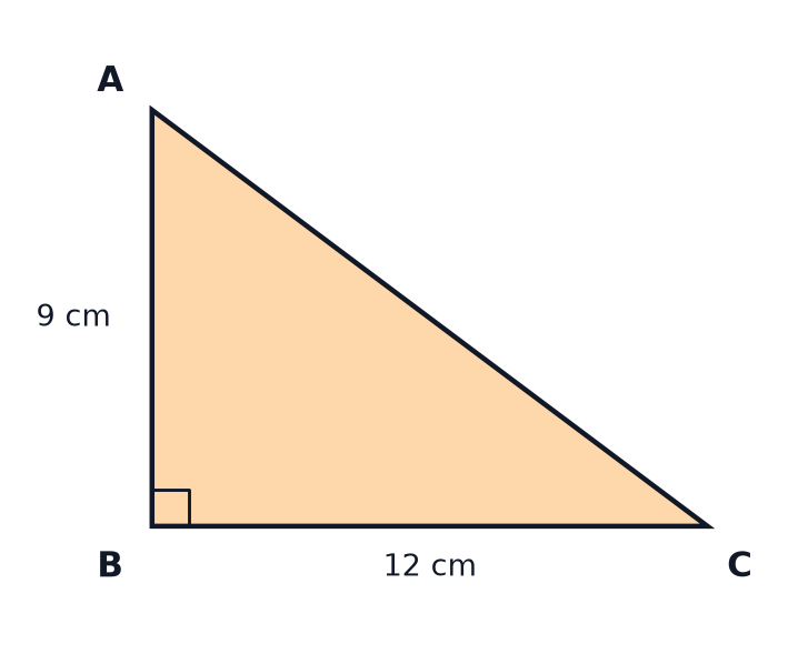 A right-angled triangle ABC with the right angle at B, BC = 12 cm and AB = 9 cm.