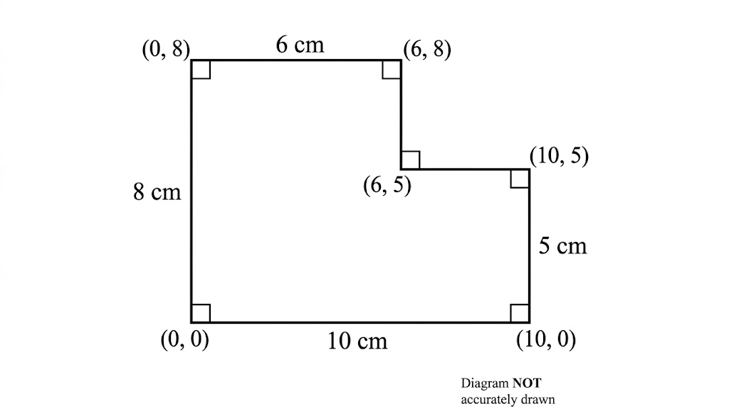 An L-shape with a 10 cm bottom, 8 cm left side, 6 cm top and 5 cm right side, with the two inner sides unlabelled.