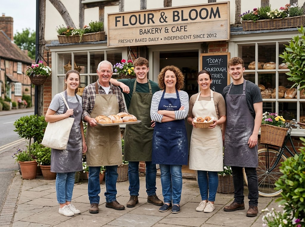 A small business owner standing with their team of employees in front of the shop.
