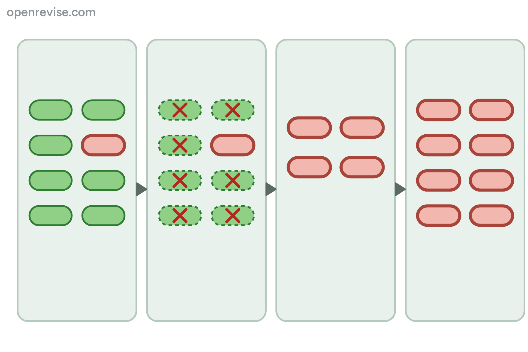 Four panels of bacteria, showing one resistant bacterium surviving and reproducing, with no labels.