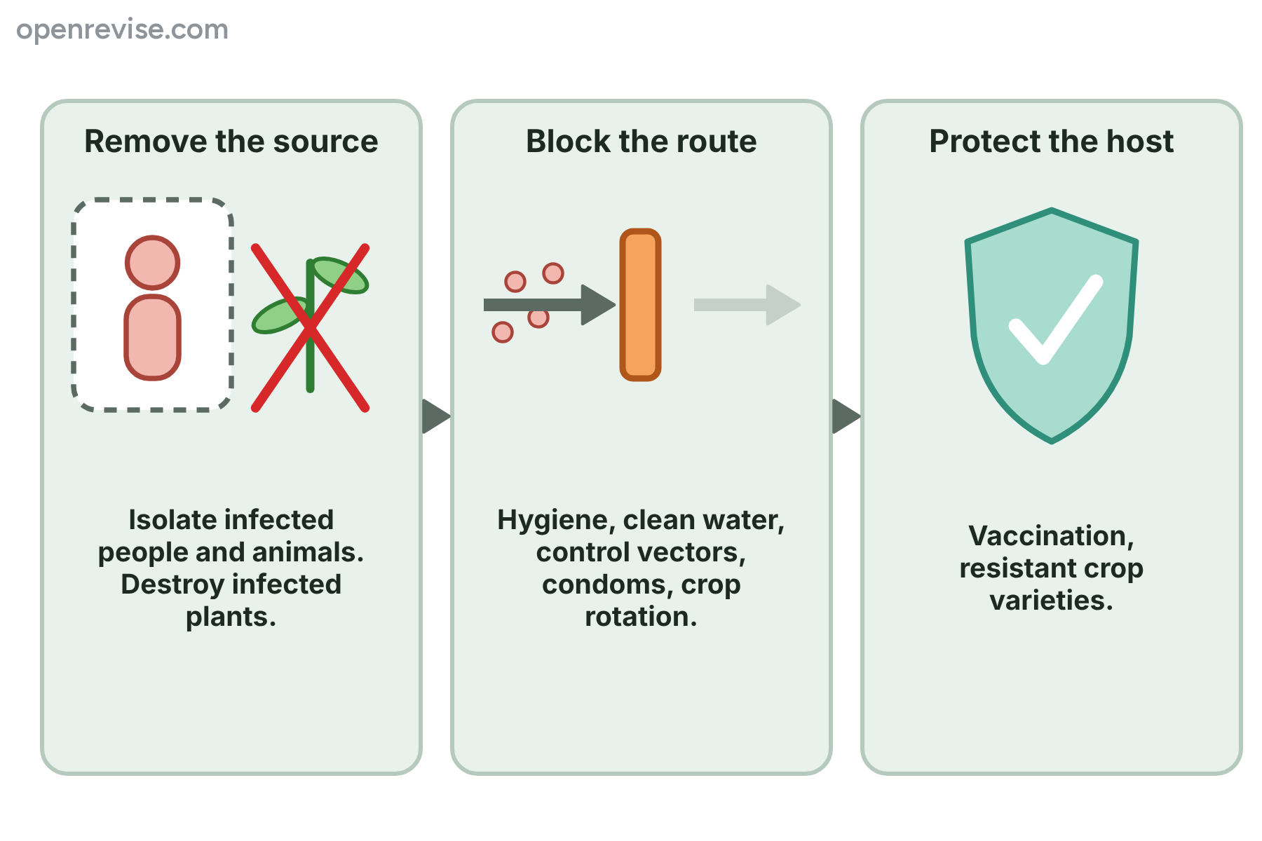 Three ways of breaking the chain of infection: removing the source, blocking the route and protecting the host.