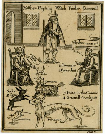 A woodcut of Matthew Hopkins standing over two seated women surrounded by animals labelled as their familiars.