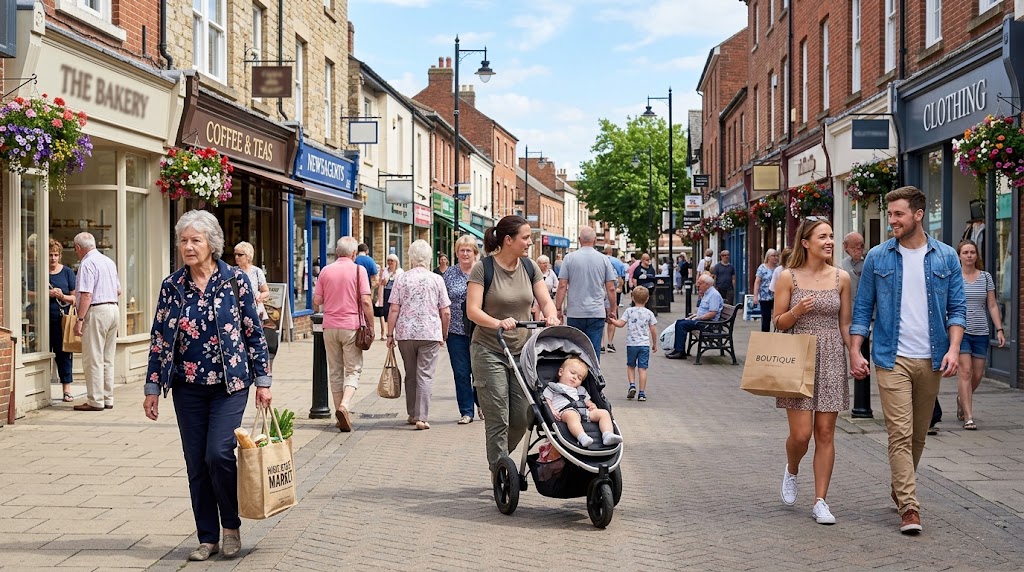 A busy high street with shoppers of different ages walking past shops.