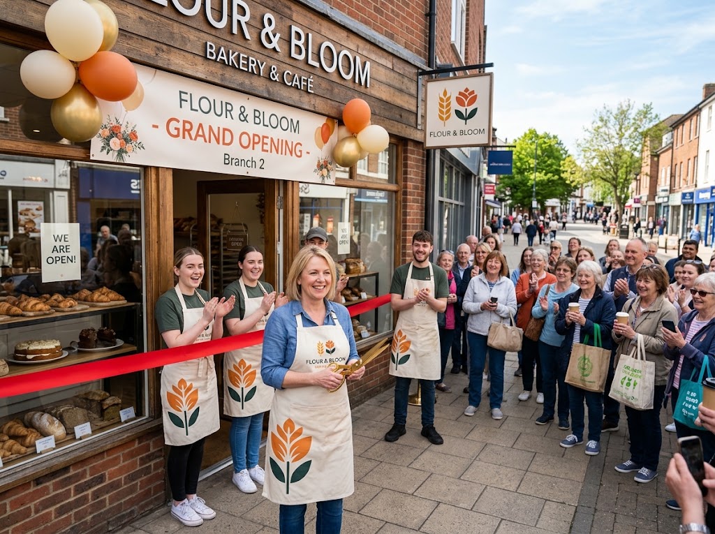 A business owner cutting a ribbon to open a second branch, with staff and customers waiting.