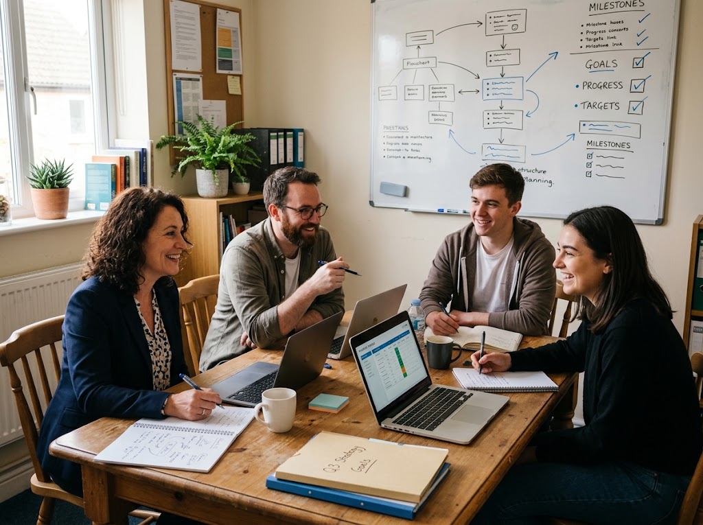 A small team around a table planning goals, with a whiteboard behind them.