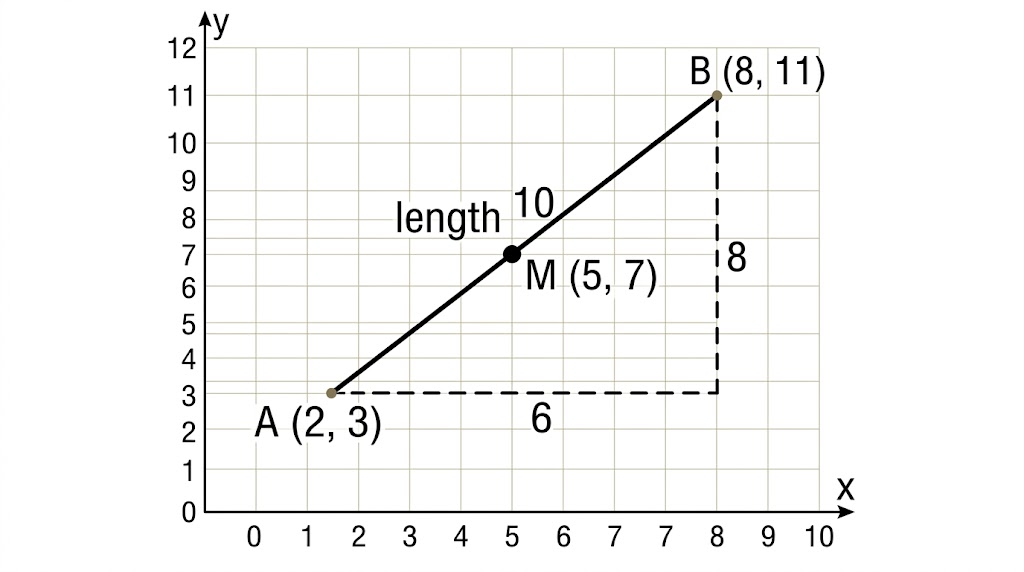 The line segment from A(2, 3) to B(8, 11) with its midpoint M(5, 7), and a right-angled triangle below it with sides 6 and 8.