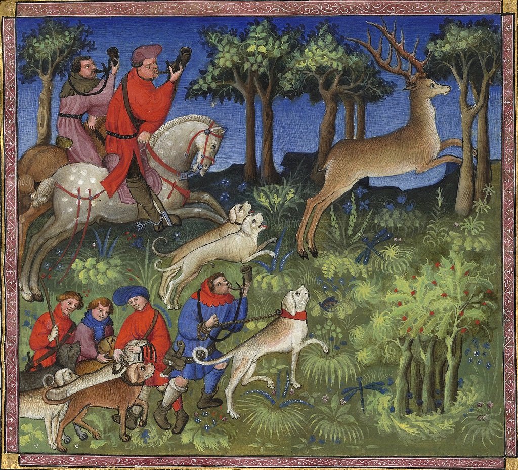 A medieval illustration of mounted huntsmen and hounds chasing a deer through a forest.