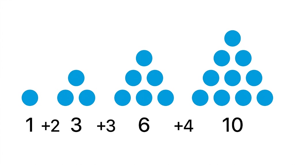 Triangles of 1, 3, 6 and 10 dots, each with one more row than the last.