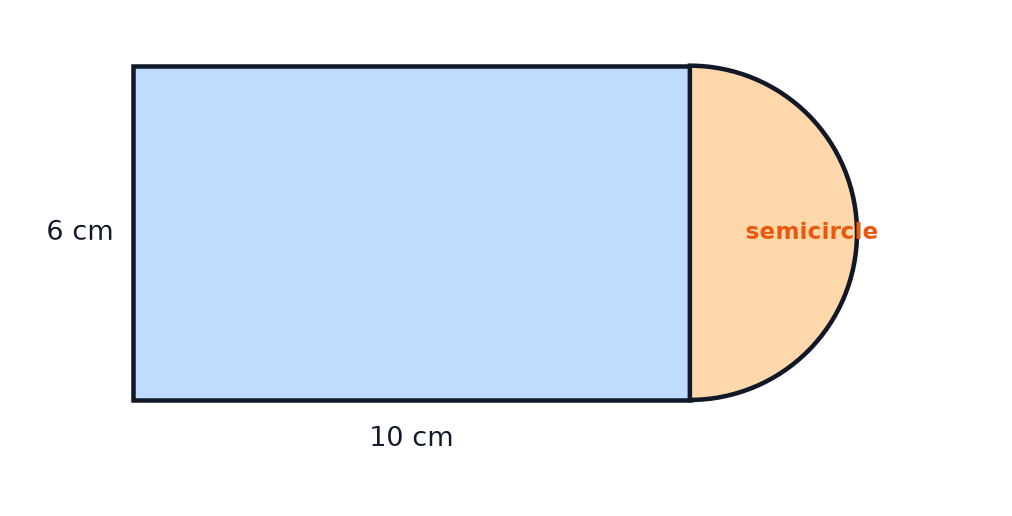 A rectangle 10 cm by 6 cm with a semicircle on one of its 6 cm sides.