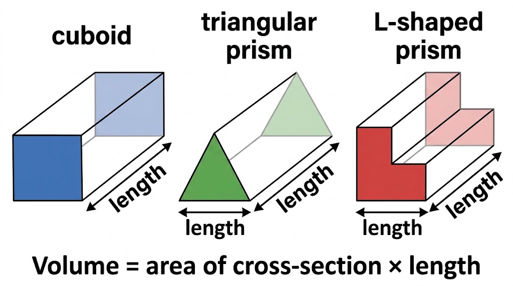 A cuboid, a triangular prism and an L-shaped prism, each with its constant cross-section shaded at the end.
