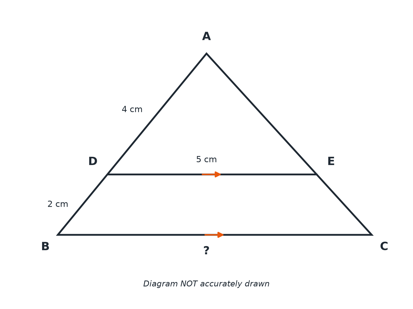 A triangle ABC with a parallel line DE, AD = 4 cm, DB = 2 cm and DE = 5 cm, with BC to be found.