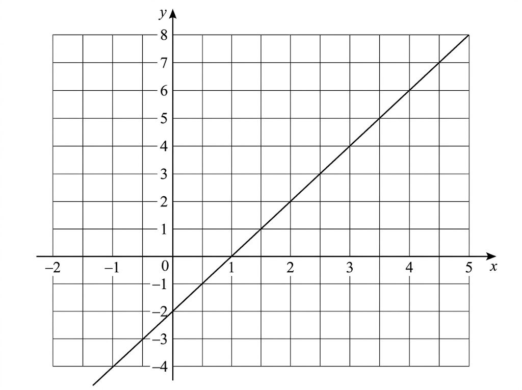 A straight line on a coordinate grid crossing the y-axis at −2 and passing through (3, 4).