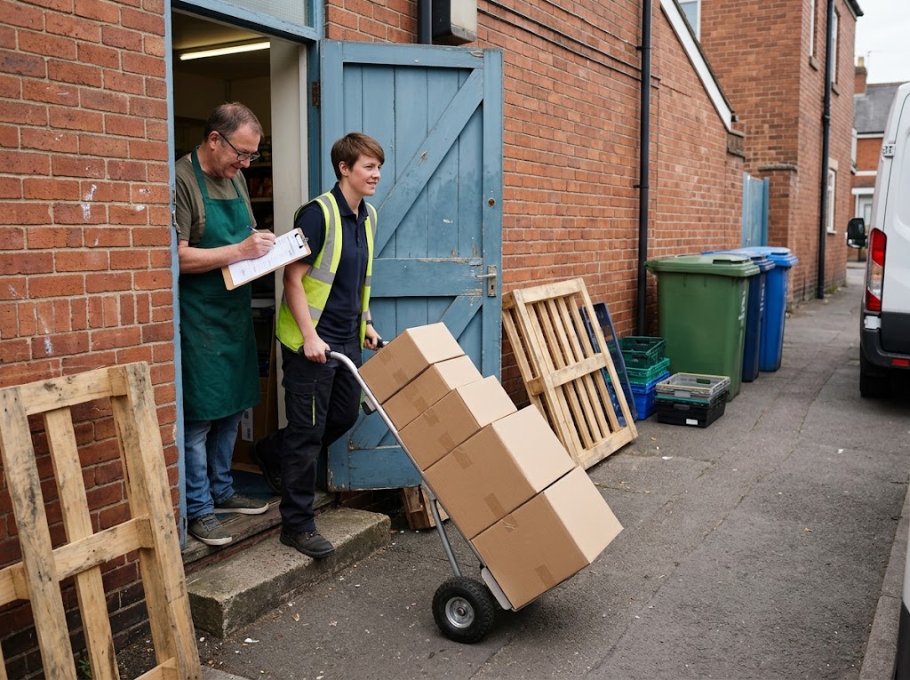 A delivery driver bringing boxes into a small shop while the owner signs for them.