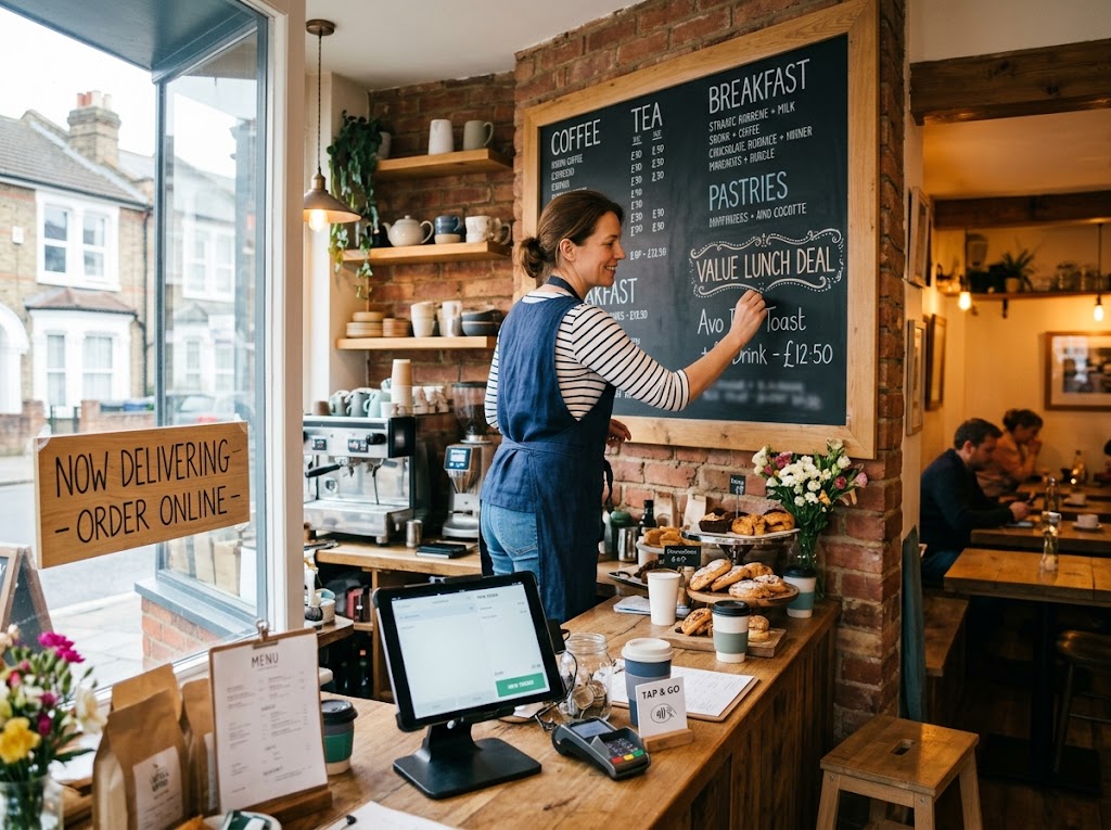A café owner updating a chalkboard menu with a value lunch deal, beside a tablet till and an online-ordering sign.