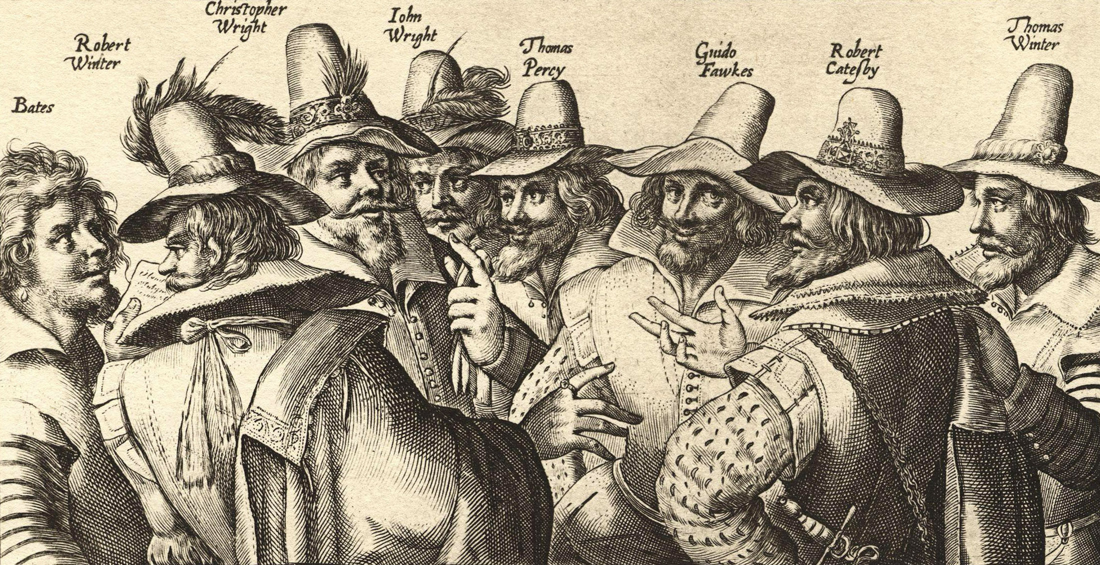 A seventeenth-century engraving of eight men in hats and ruffs talking together, with their names above their heads.
