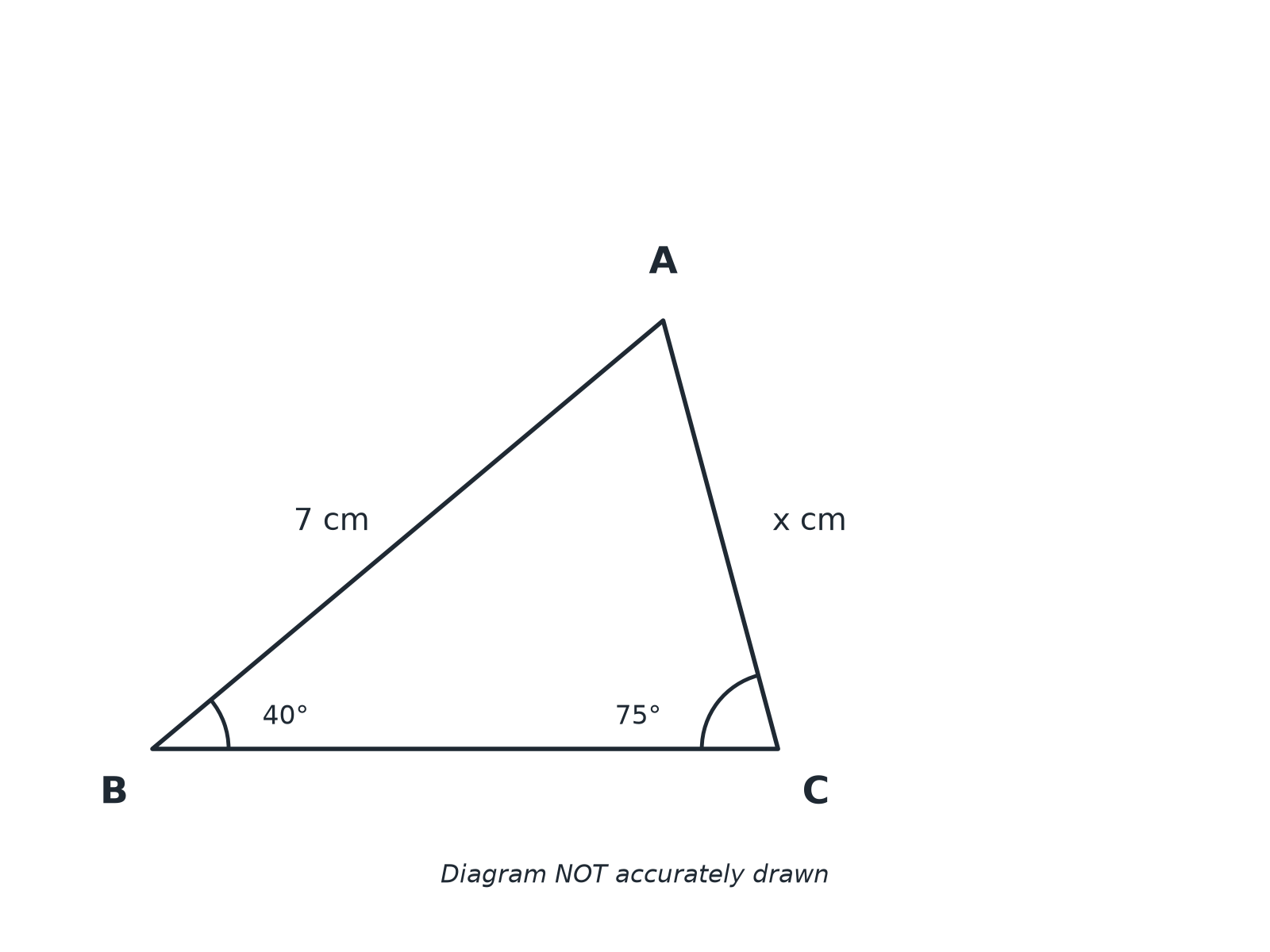 Triangle ABC with AB equal to 7 cm, angle B equal to 40 degrees and angle C equal to 75 degrees, with side AC to be found.