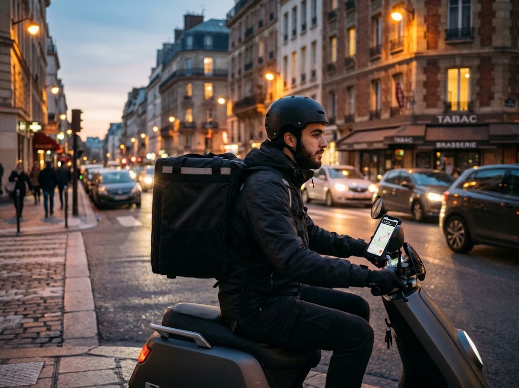 A delivery rider on a bike with a delivery backpack and a phone on the handlebars.