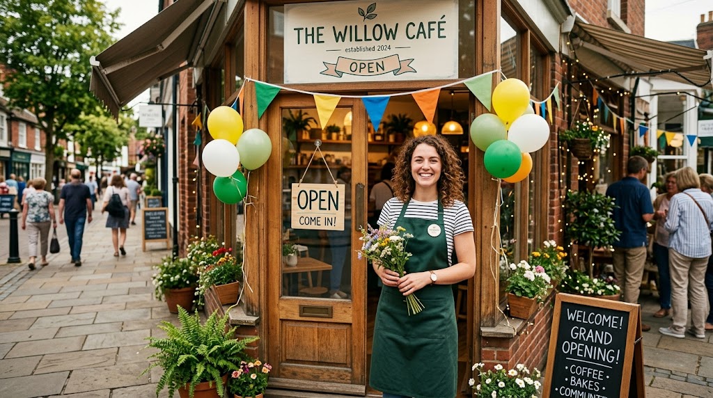 A smiling business owner standing in the doorway of their newly opened shop.