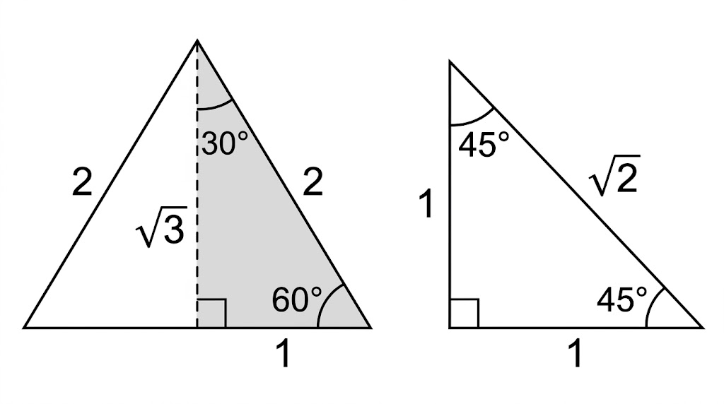 Half an equilateral triangle with sides 1, 2 and root 3 and angles 30 and 60 degrees, and a right-angled isosceles triangle with sides 1, 1 and root 2.