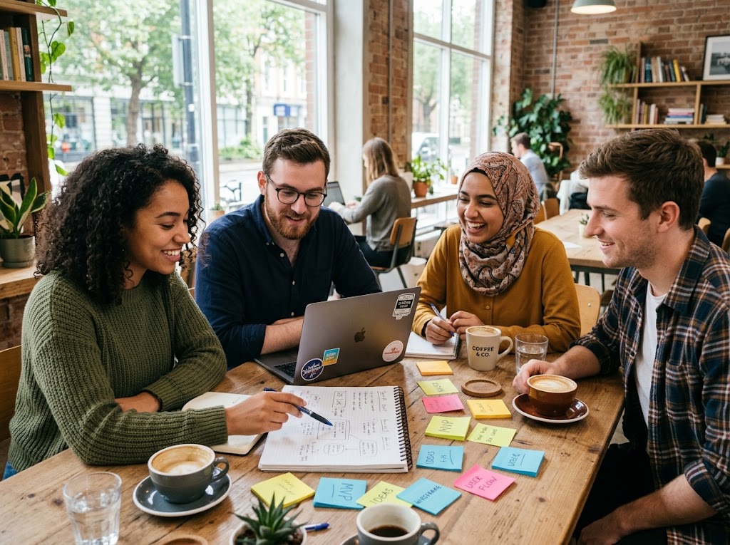 A group of people around a table sharing ideas with sticky notes and a laptop.