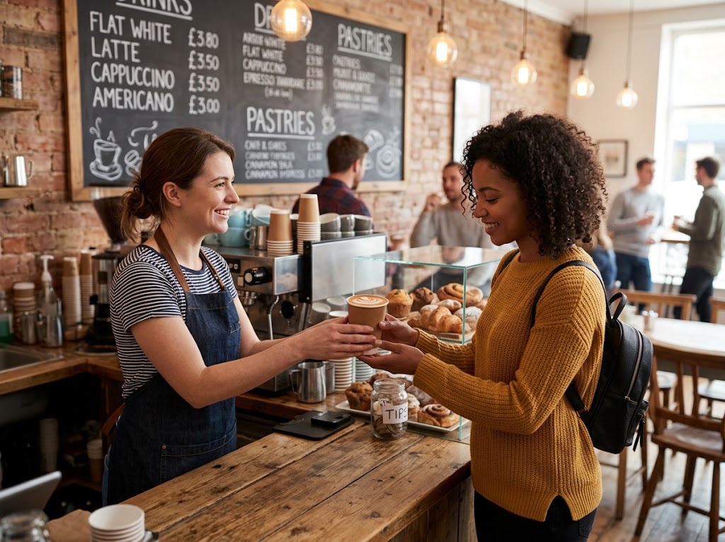 A barista handing a takeaway coffee with latte art to a customer.