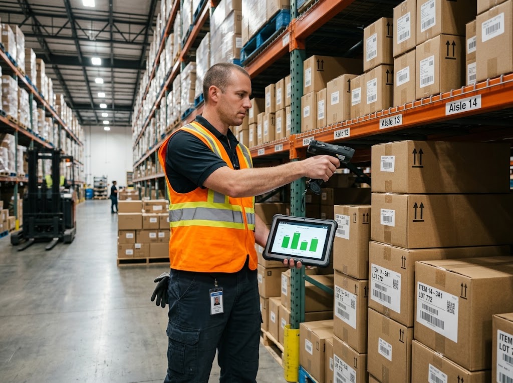 A warehouse worker scanning boxes on shelves with a handheld barcode scanner.