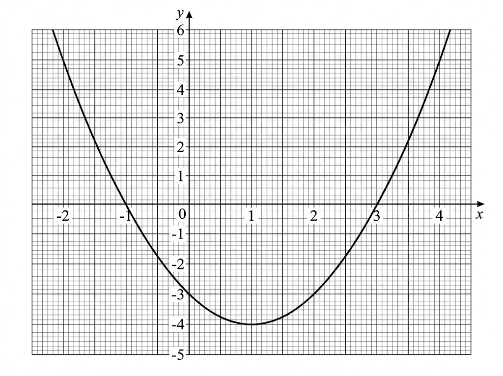 The graph of y = x squared minus 2x minus 3 on graph paper, a U-shaped curve with its lowest point at (1, −4).