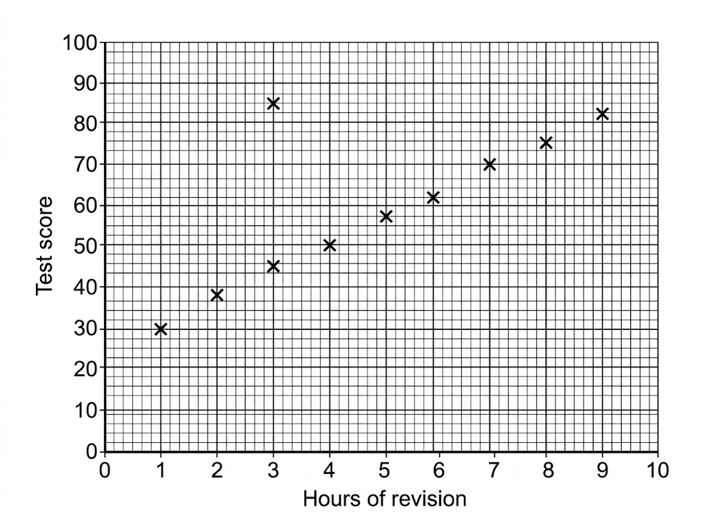 A scatter graph of hours of revision against test score, rising from left to right, with one point at (3, 85) well above the rest.