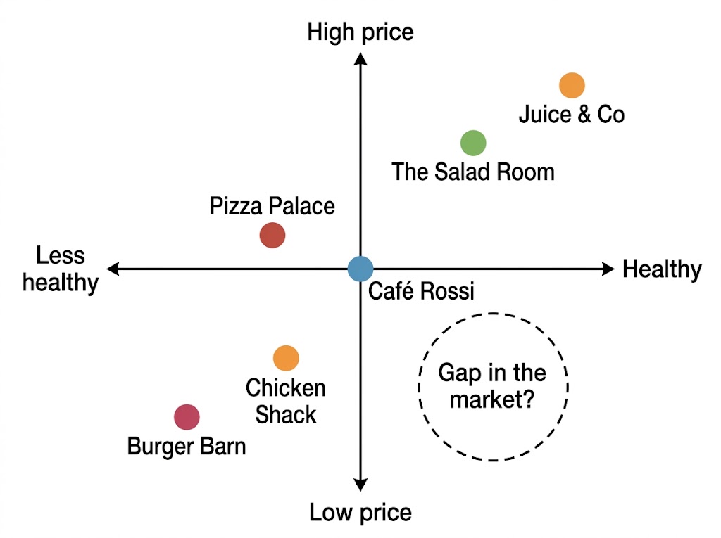 A market map of lunch places, price against healthiness, with an empty circled gap in the low price, healthy corner.