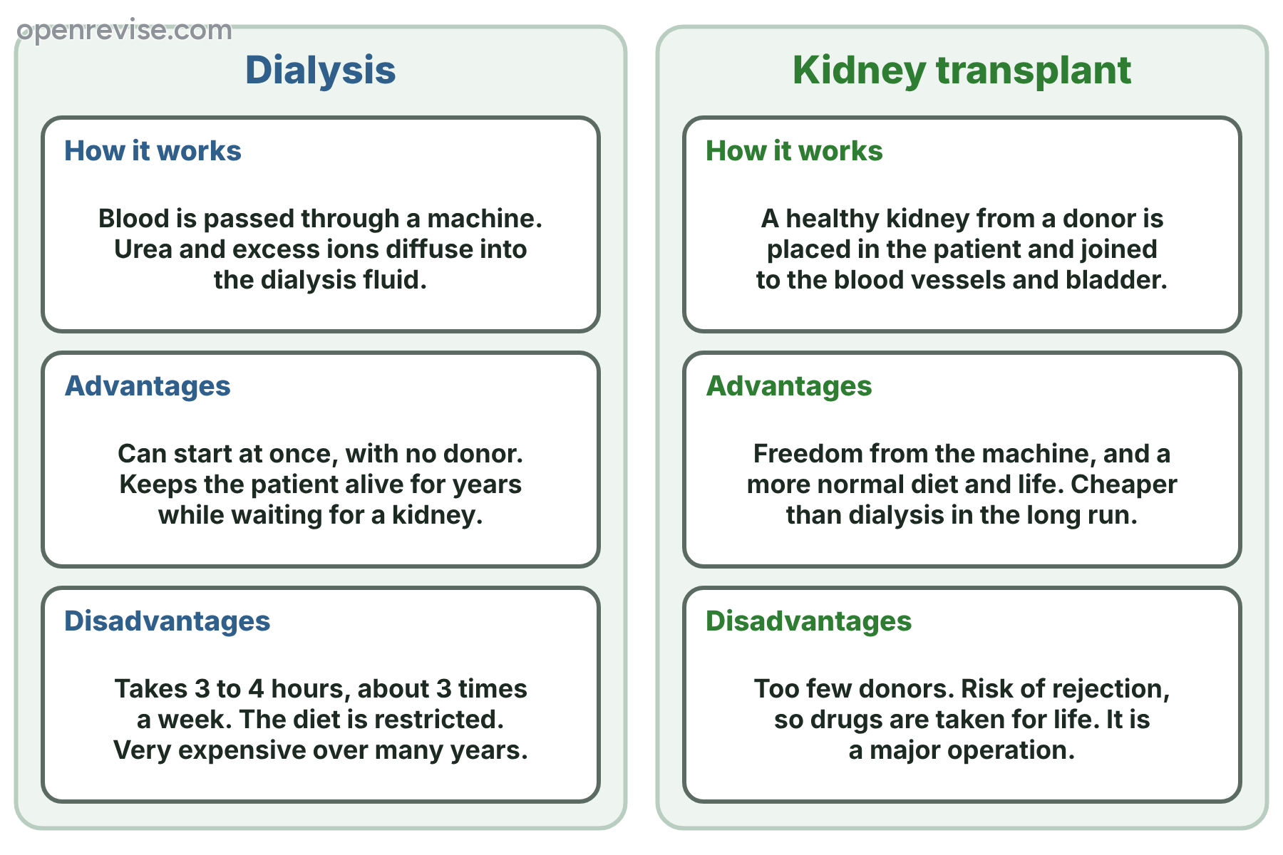 A comparison of dialysis and kidney transplants, with how each works and the advantages and disadvantages of each.