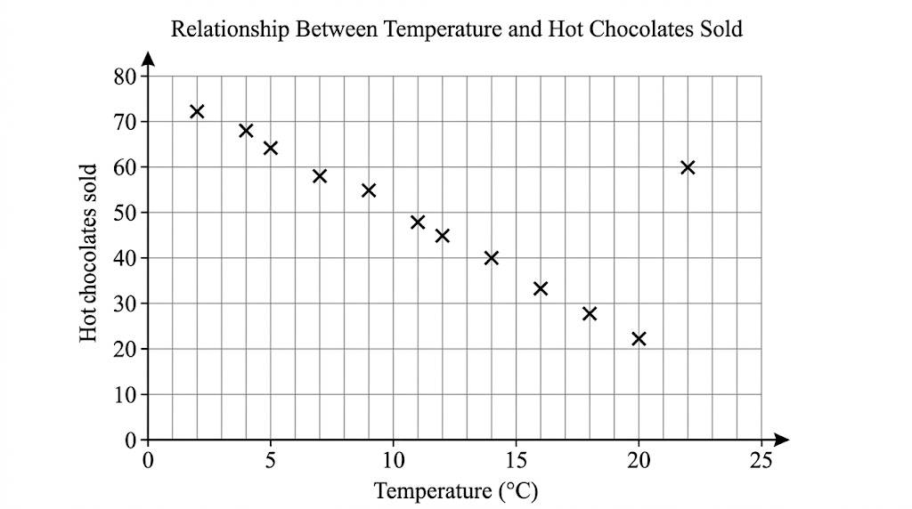 A scatter graph of temperature against hot chocolates sold, falling from left to right, with one point at (22, 60) well above the rest.