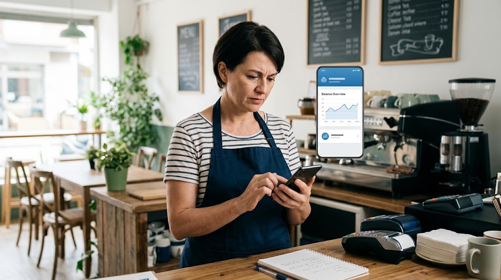 A business owner behind a counter checking a banking app on a phone.