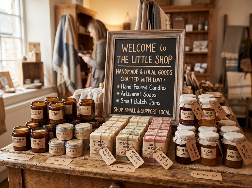 Handmade products on a shop display table, each with a small handwritten price tag.
