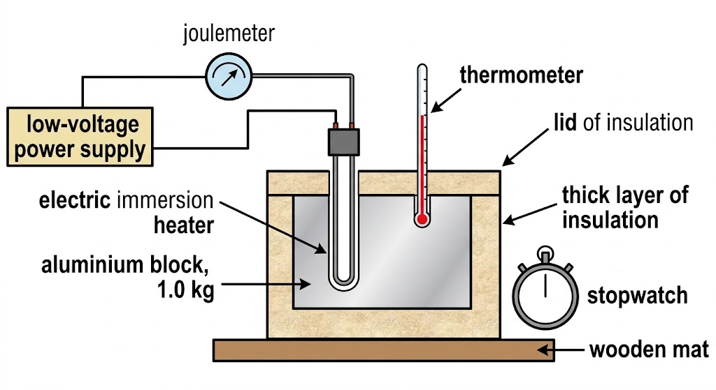 Apparatus to measure specific heat capacity: an insulated metal block with an electric heater, thermometer and power supply.