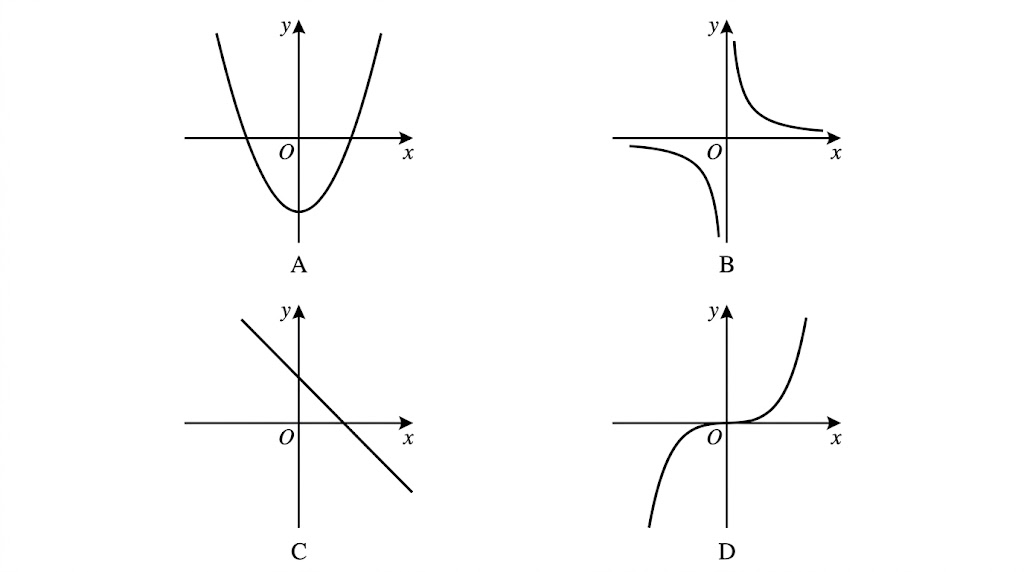 Four sketch graphs labelled A to D: a U-shaped parabola, a two-branched reciprocal curve, a line sloping down and an S-shaped cubic.