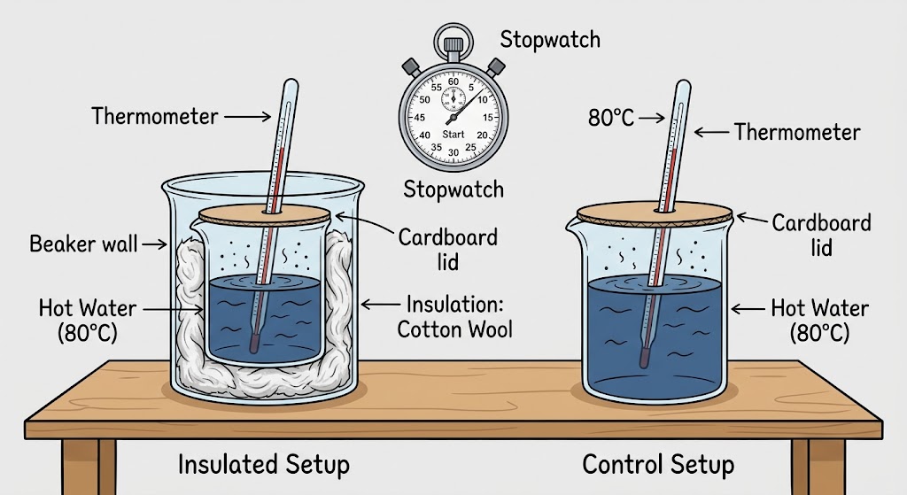 A beaker of hot water surrounded by insulating material next to an uninsulated control beaker, with thermometers and a stopwatch.