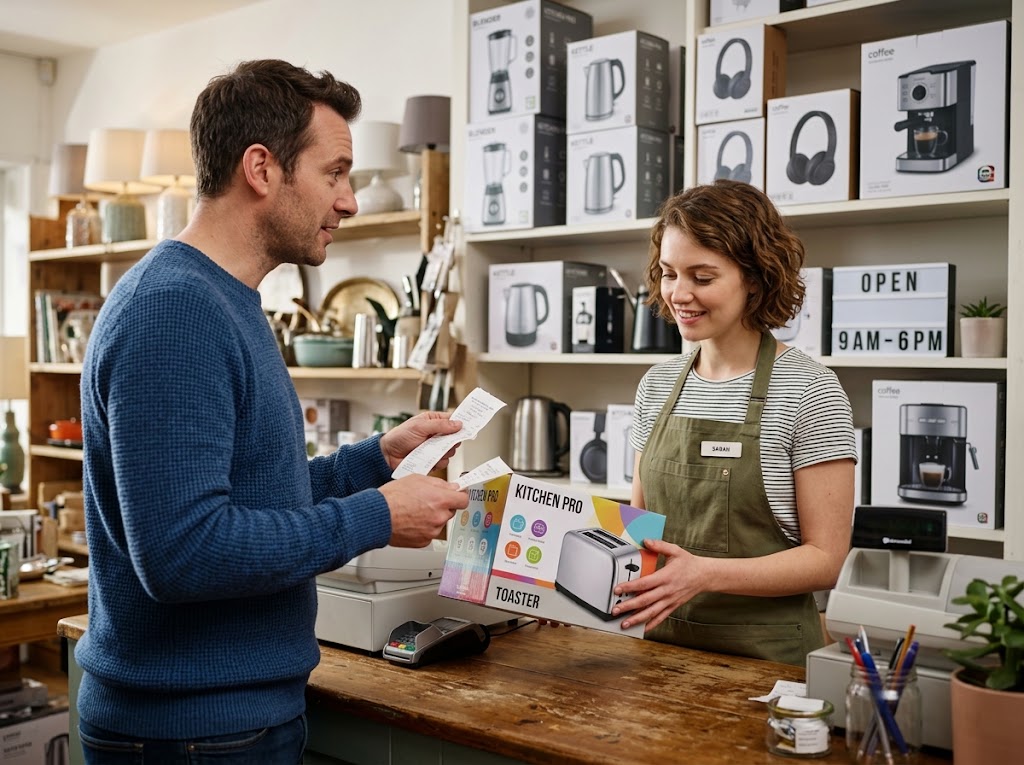 A customer handing back a boxed product and receipt to a shop assistant at the counter.