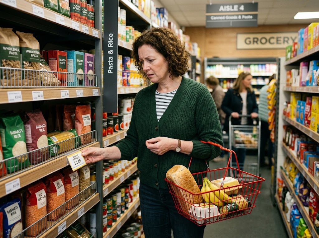 A shopper checking a price label on a shelf while holding a nearly empty basket.