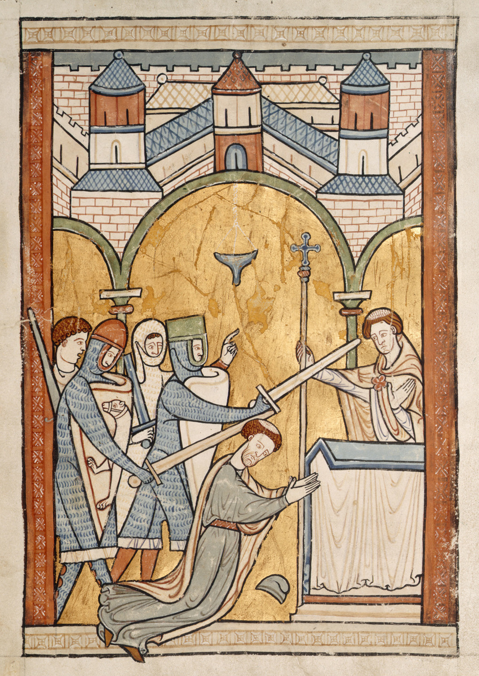 A medieval illustration of four armed knights attacking Archbishop Thomas Becket at the altar of Canterbury Cathedral.