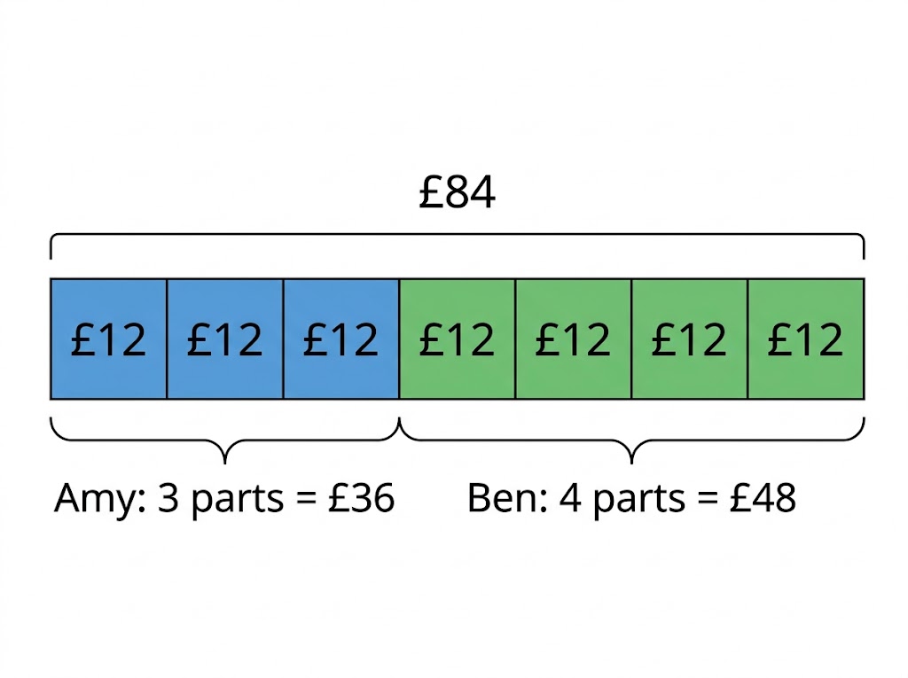 A bar of 7 equal boxes worth £12 each, split 3 boxes to Amy and 4 boxes to Ben.