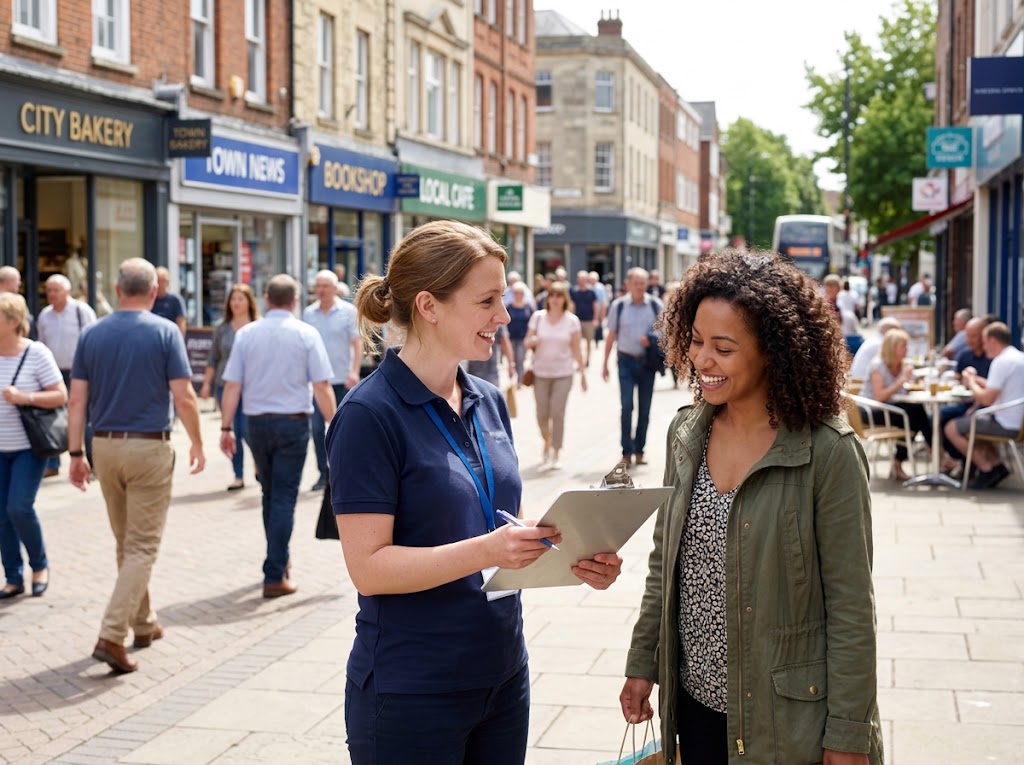 A researcher with a clipboard asking a shopper questions on a busy street.