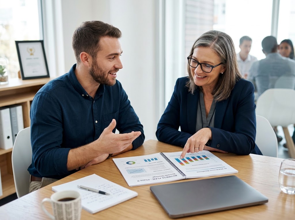 An adviser reading a printed business plan with a young entrepreneur at a meeting table.