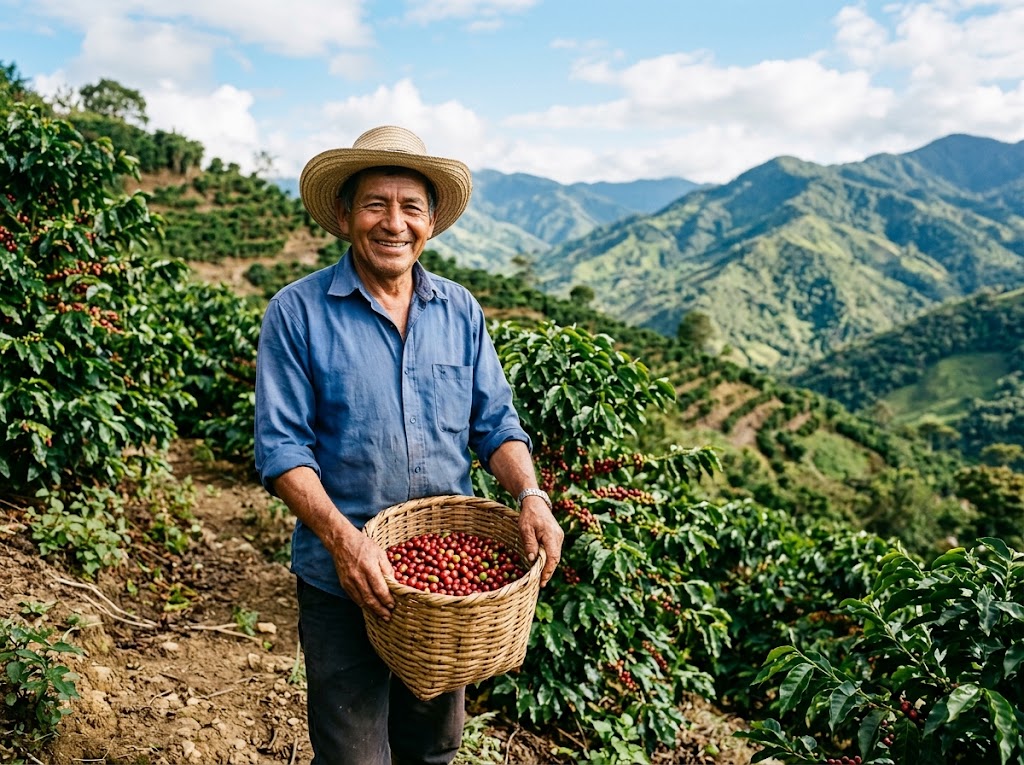 A coffee farmer on a hillside farm holding a basket of freshly picked coffee cherries.