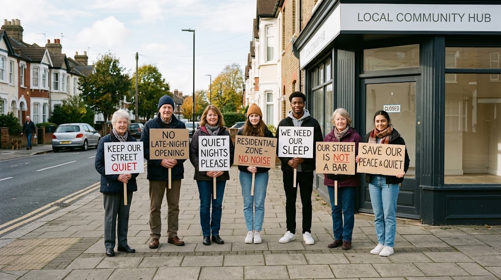 Local residents holding handmade placards on a quiet residential street.