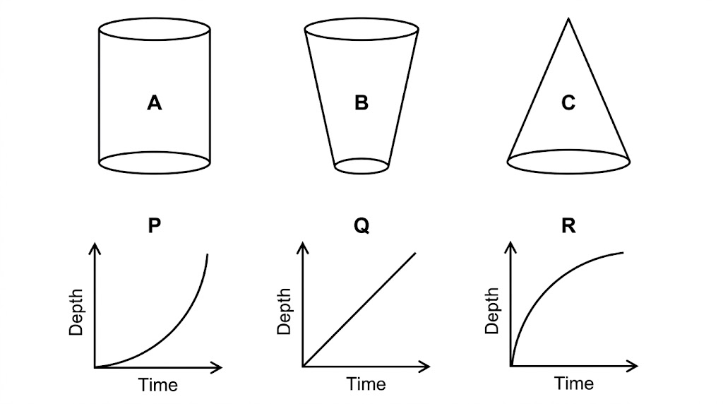 Three containers - a cylinder, a vase widening upwards and a cone narrowing upwards - and three depth-time graphs: a curve getting steeper, a straight line and a curve getting less steep.